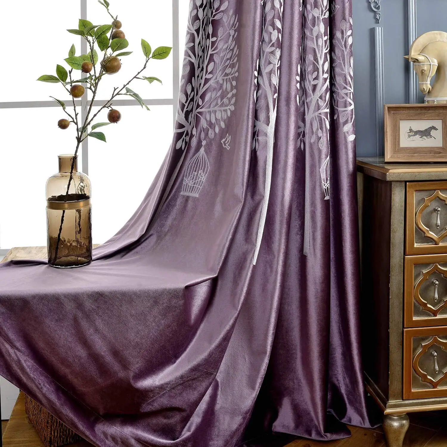 VOGOL Lavender Flannel Blackout Embroidered Curtains - 2 Grommet 52x96 in Thread Trimmed Luxury Velvet Drapes with White Tree Embroidery, Breathable Textured Soundproof Modern Decor for Bedroom (0 – 1 M, 4 m and above options), Home Decorative Curtain