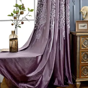 VOGOL Lavender Flannel Blackout Curtains - 2 Grommet Drapes with White Tree Embroidery, 52x96 Inches, for Bedroom, Home Office