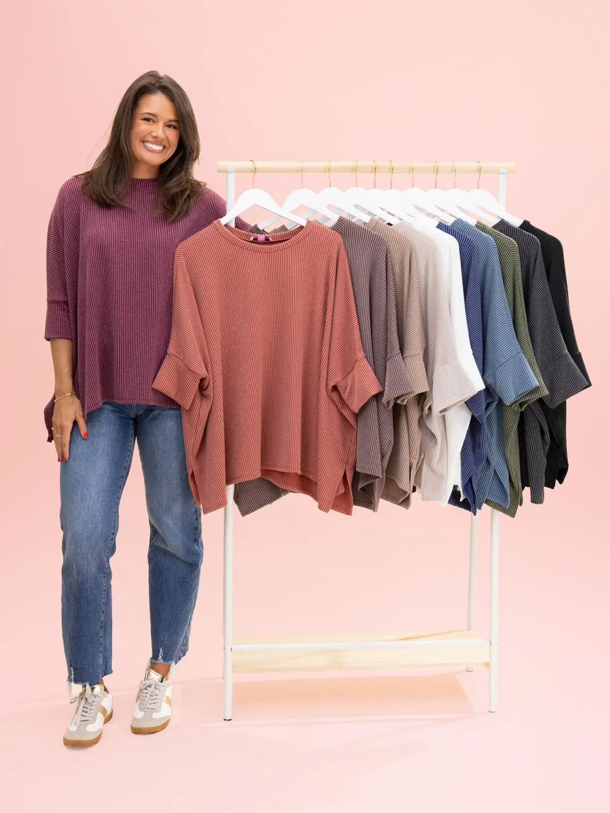 Raised Rib Easy-Fit Dolman 3/4 Sleeve Top by DD Design | Reg - Plus