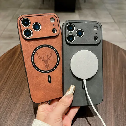 Matte Suede PU Leather Magnetic MagSafe-Compatible Shockproof Protector Phone Case for iPhone 12-17 Pro/Pro Max/Air - Brown, Non-Slip, Military Drop Protection, Camera Lens Guard Accessory