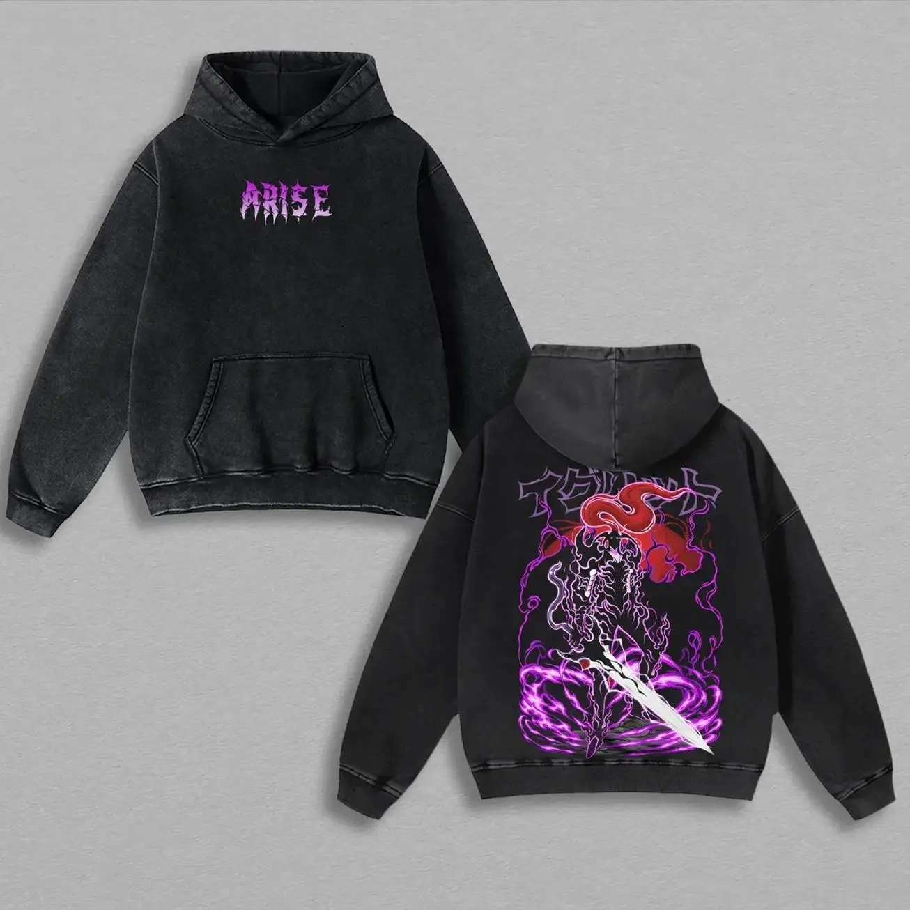 Igris Monarchs Army - Solo Leveling Retro Vintage Manga Acid Washed Lightweight Cotton Hoodie, Anime Merch, Gift For Anime Fan, Anime Lover PY3 FXA