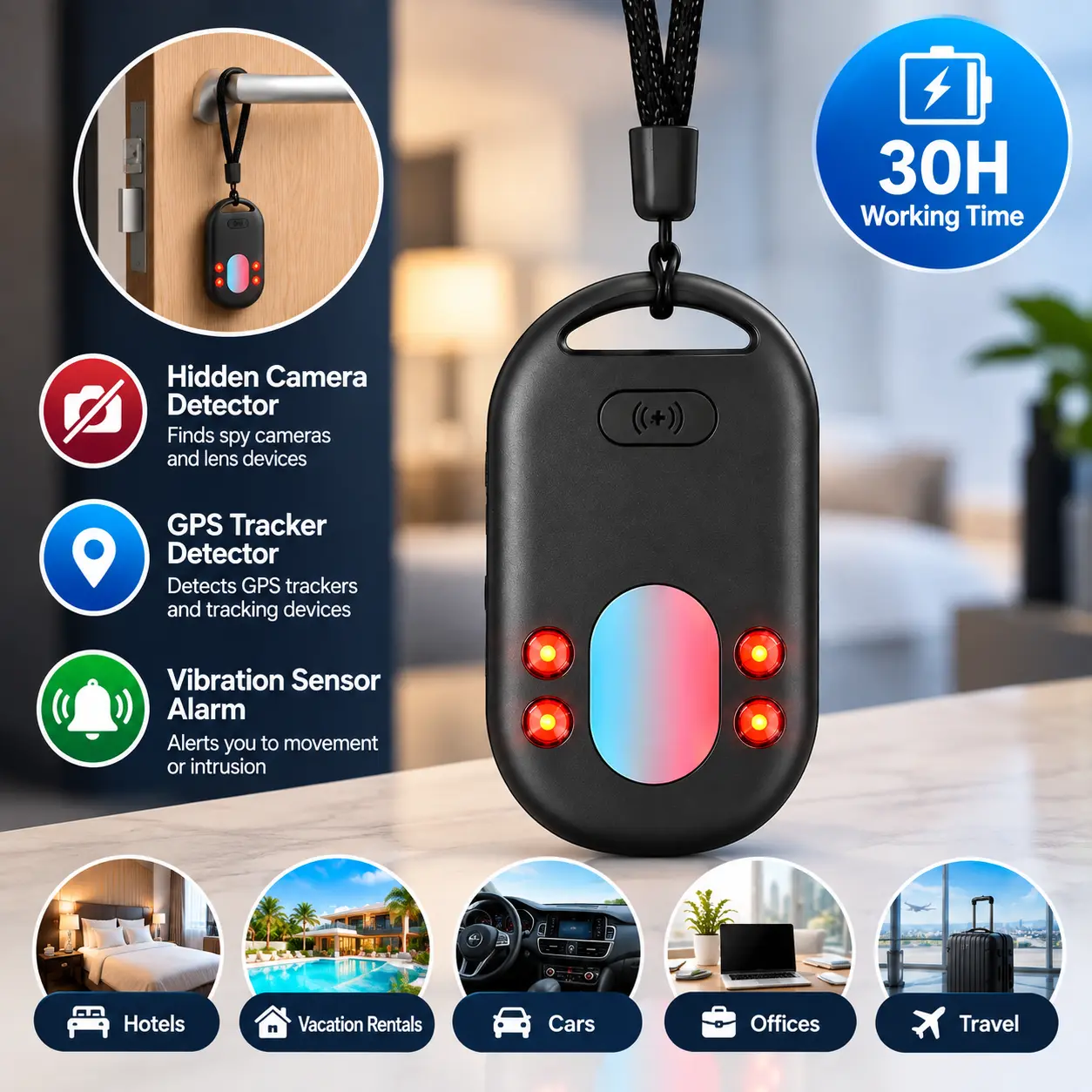 2026 Upgraded 2nd Gen Hidden Camera Detector, Infrared Lens Finder with 3D Spatial Detection Chip, Optical Filter & IR Spectrum Scanning, 3 Detection Modes, Sound & Vibration Alarm, LED Flashlight for Hotel Airbnb Home Office Travel