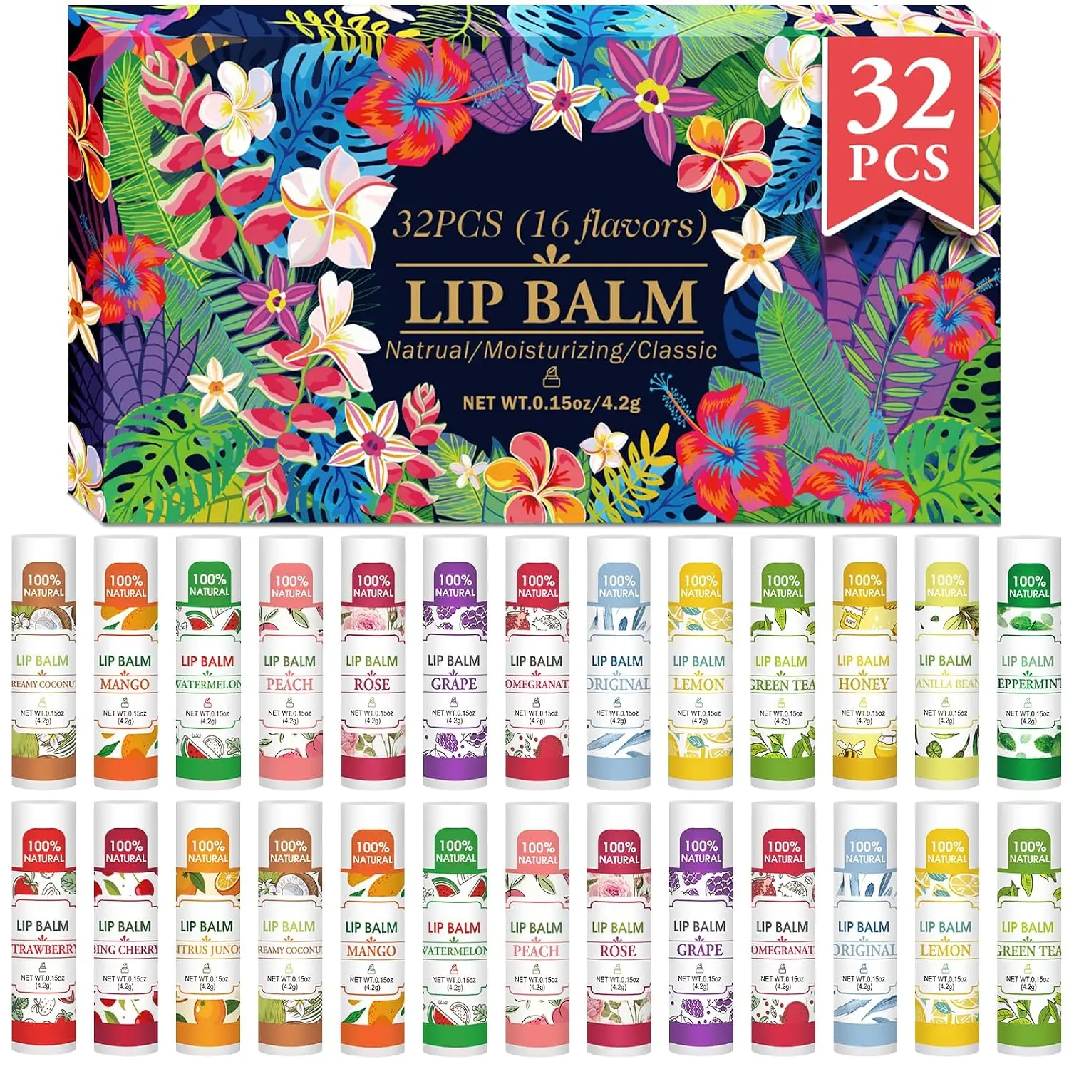 Bulk Natural Lip Balm & Gloss Set, 32-Pack with 16 Assorted Flavors,Lipgloss Gloss Lipgloss Lipstick Makeup Cosmetic Glossy