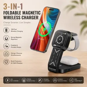 3-in-1 Foldable Magnetic Wireless Charger 15W Fast Charging Station for iPhone, Apple Watch & AirPods – Portable Travel Charging Stand