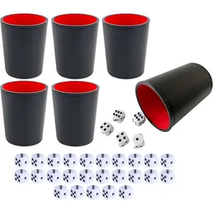 Leather Dice Cup, Quite Felt-Lined Interior, 6 Shaker Cups and 30 Dot Dices, one Carry Bag (Black and Red)