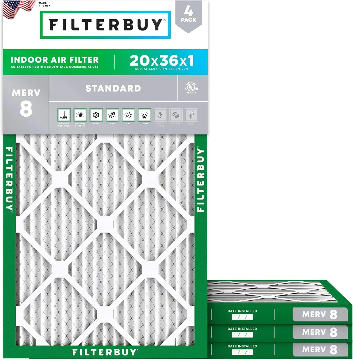 Filterbuy 20x36x1 Air Filter MERV 8 Essential Dust & Allergy Defense (4-Pack), Electrostatic Pleated HVAC AC Furnace Filters Replacement, Made in USA (Actual Size: 19.75 x 35.75 x 0.75) Brass LP
