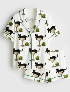 Black Cat Satin Pajama Set for Women, Martini Cocktail Print Short Sleeve PJs, Cute Cat Sleepwear, Gift for Her