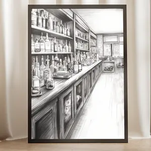 Ink Sketch Bar Scene Poster - Bar Cart Print, Beer Lover Art, Wall Decor, Monochrome Home Decor, Gift for Bar Enthusiasts UNFRAMED