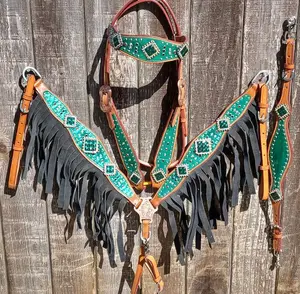 Green Metallic Overlay with Black Suede Fringe Horse Tack Bridle Set with Wither Strap