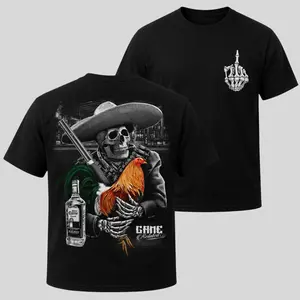 Gamefowl Rooster T-Shirt, Black Sombrero Skull Cowboy Graphic Tee, Mexican Gamefowl Front Back Shirt, Gift for Men Rooster Lovers