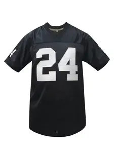 Men's #24 Black Embroidered American Football Jersey Shirts, Loose V-Neck Classic Retro Mesh Short Sleeve Pullover T-Shirt Sportswear
