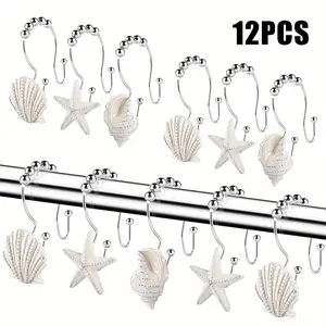 12PCS Stainless Steel Starfish Shell Curtain Hooks - Ocean-Themed Decorative Double Glide Hooks for Bedroom, Kitchen, Terrace - Perfect for Hanging Curtains, Bathroom Decor Durable Metal Hooks, Bathroom Decorations