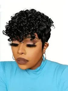 Women's Urban Edge Wave Pixie Human Hair Wig Short Bob With Curls Full Machine Made 150% Pre-Cut Style Human Hair Wavy
