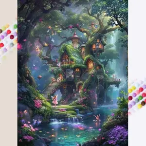 1 DIY diamond painting kit, 5D diamond art set, DIY decor, fairy forest, dream cottage, fairy stream, diamond painting kit with full round drills, mosaic, diamond art, DIY art home decor, suitable for Christmas.