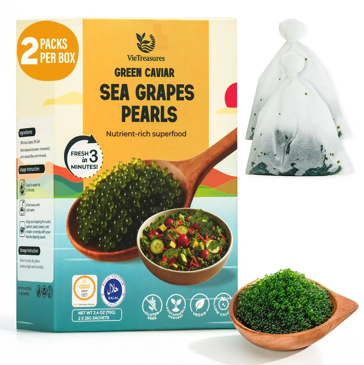 VieTreasures Sea Grapes Pearls 2.5 oz (2 x 1.25 oz) Green Caviar Style Seaweed, Vegan & Gluten Free, Plant-Based Ocean Snack with Popping Texture for Salads, Sushi & Rice Bowls