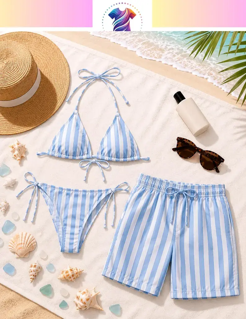 Blue Gingham Matching Couple Swimwear Set | Checkered Bikini & Swim Trunks | Beach Vacation Honeymoon Swimsuits