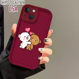 A Stylish And Cute Phone Case Featuring a Wine-Red Background with Adorable Bear Illustrations, Compatible with Iphone 16, 15, 14, 13, 12, 11 Pro Max, XS, And XR.