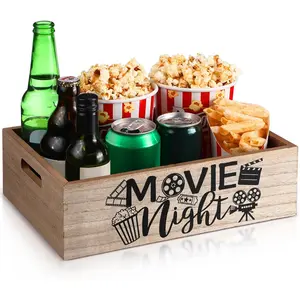 Movie Night Supplies Snack Trays with Handles  Wooden Movie  Basket for Theater Popcorn Bucket Bowl Box Container Family Room Decor(Rustic )