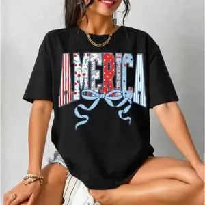 Women's America Bow Graphic Cotton T-Shirt, Patriotic 4th of July Red White Blue Summer Casual Top, Comfortable Fit Womenswear - t shirts for women, Love Jeans