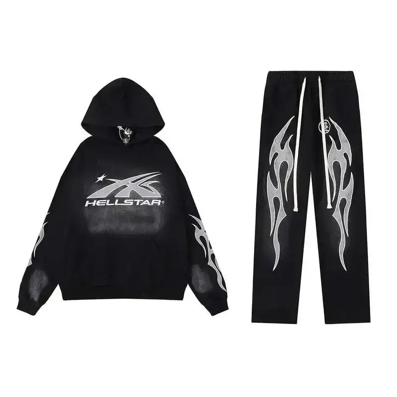 Hellstar Black Flame Hoodie and Sweatpants Set, Unisex 2 Piece Graphic Tracksuit, Y2K Hip Hop Streetwear Outfit with Matching Pullover and Pants