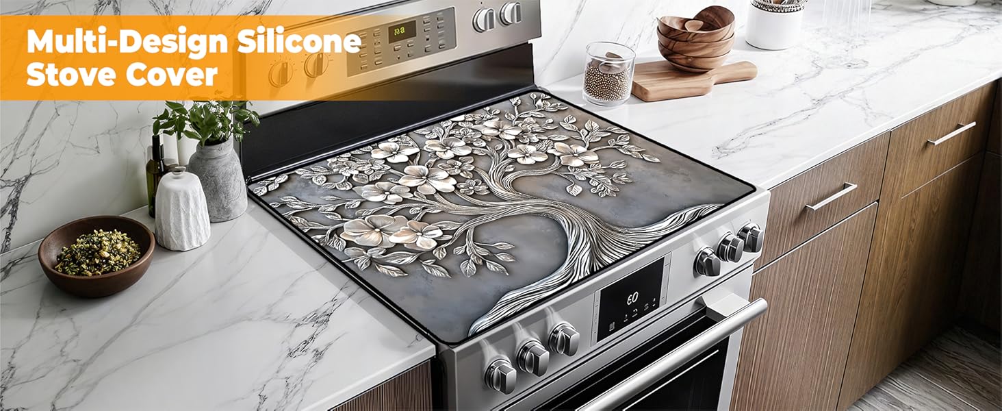 JOYFINITY Heat-Resistant Glass Stove Top Cover with Anti-Slip Rubber Coating – Electric Stove Protector, Scratch-Resistant, Expands Counter Space, Stylish Kitchen Decor (Tree)