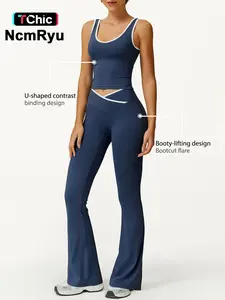 Two-Piece Set Women's Patchwork High Elastic Soft U-Neck Wide Shoulder Strap Vest Cross Waist Top Hip Flared Pants Yoga Clothes Four Seasons Running Gym sports training all-match vest, Workout Running Outfits, Activewear Set