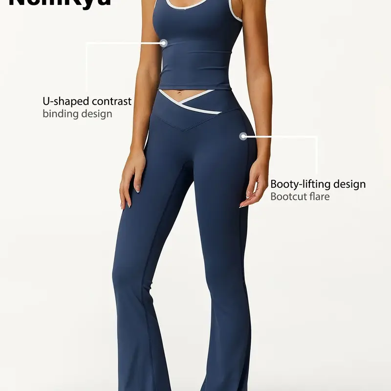 Two-Piece Set Women's Patchwork High Elastic U-Neck Wide Shoulder Strap Vest Cross Waist Top Hip Flared Pants Yoga Clothes Fitness Clothing Running Gym Training