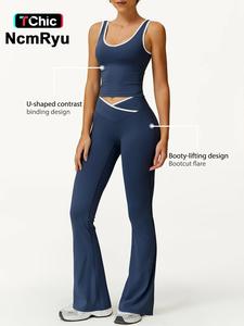 women's colorblock crop tank top & flare leg pants, casual sleeveless top & high waist flared trousers for yoga gym workout, yoga pants for athletic wear, ladies sportswear, gym clothing, gym 2 piece set, activewear, workout sets women, yoga tracksuit set