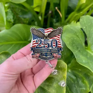 USA 250th Anniversary Enamel Badge Reel: Retractable ID Holder 1776-2026 Semiquincentennial, Patriotic Eagle Design