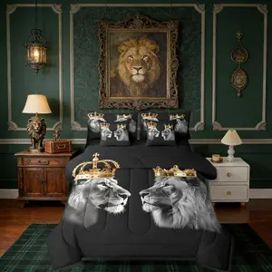Wild Lion Couple Kids Comforter Set,7 Piece,Gold and Crown Print Reversible Quilt Set,Tropical African Animal Black Bedding Set