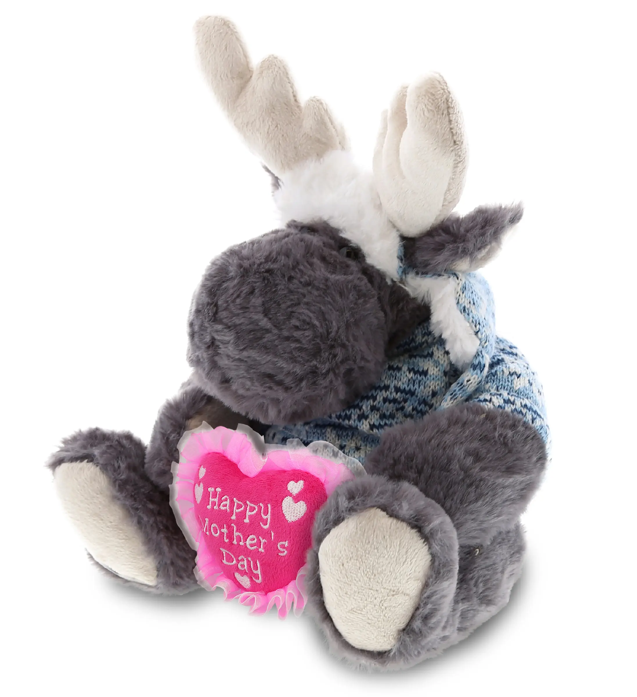 DOLLIBU Super-Soft Grey Moose Stuffed Toy - Happy Mother's Day Themed, Polyester Fabric, Embroidered Heart, Removable Clothes, Happy Mother's Day Message Accent