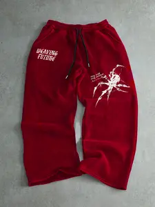 Men's Letter & Spider Print Drawstring Waist Loose Straight Leg Pants, Casual Lounge Pant, Casual Fall Winter Fitted Design, Multiple Colors Available