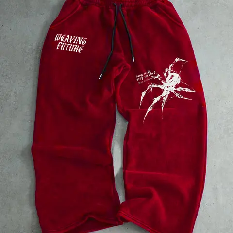 Men's Letter & Spider Print Drawstring Waist Loose Straight Leg Knit Pants with Pockets, Casual Fall Winter Fitted Design, Multiple Colors Available, Letter Print Trousers