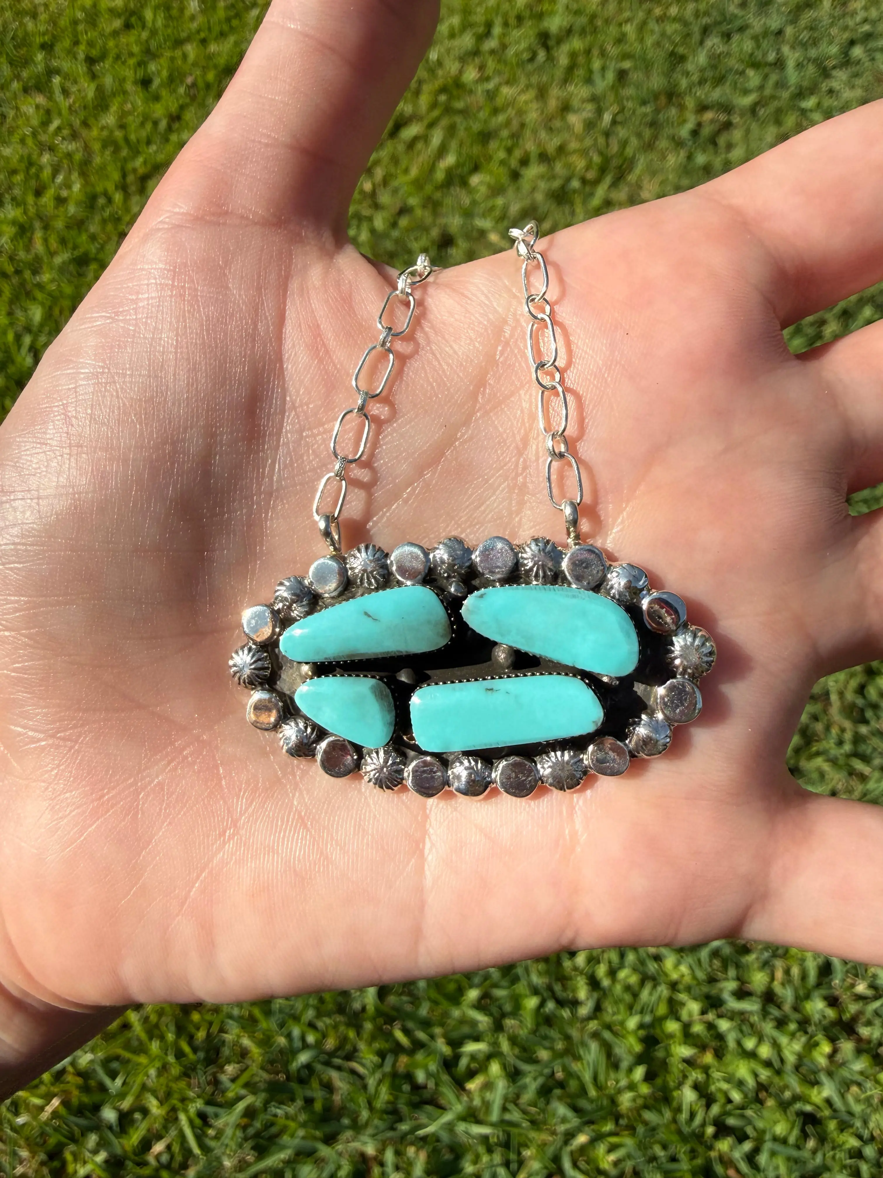 Navajo Turquoise 4 Stone Oval Cluster Sterling Silver Necklace