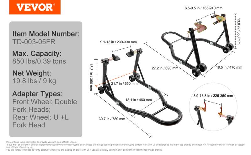 VEVOR Motorcycle Stand Lift, Various specifications, Front Rear Combo Stand Lift Stand, U+L Fork Swingarm Spool, Compatible with Most Yamaha Honda Kawasaki Suzuki Motorcycles, Black, Motorcycle bike stand