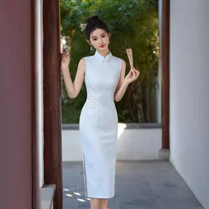 Porcelain Blue Floral Embroidered Qipao Dress | Neo-Chinese Cheongsam, Sleeveless Midi Silhouette, Elegant Evening Wear