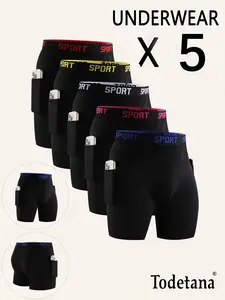 5 Packs Men's Solid Color/Letter Tape Stretchy BoxerBriefs,Casual Comfy Slim Fit Breathable Moisture Absorption Opening Crotch Underwear for DailyWear,Mens Underwear for All Seasons, Undergarments,Athleisure Menswear, Underwear Boxer Briefs