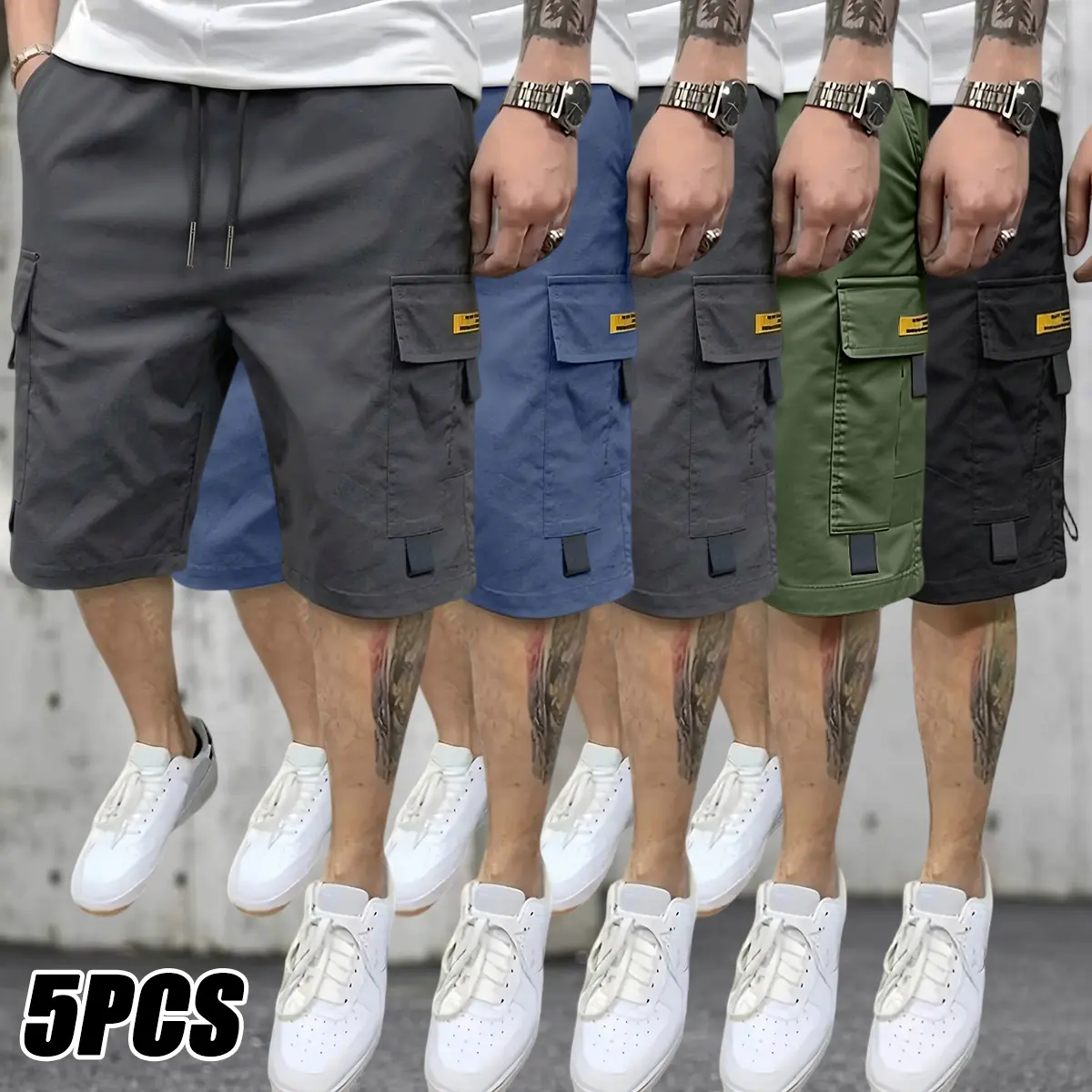 5pcs Men's Summer Casual Shorts with Elastic Waistband, Drawstring & Multi- Pockets - Black, White, Blue, Grey，Green - Lightweight & Breathable for Casual Attire, Breathable Shorts | Drawstring Shorts | Stylish Shorts