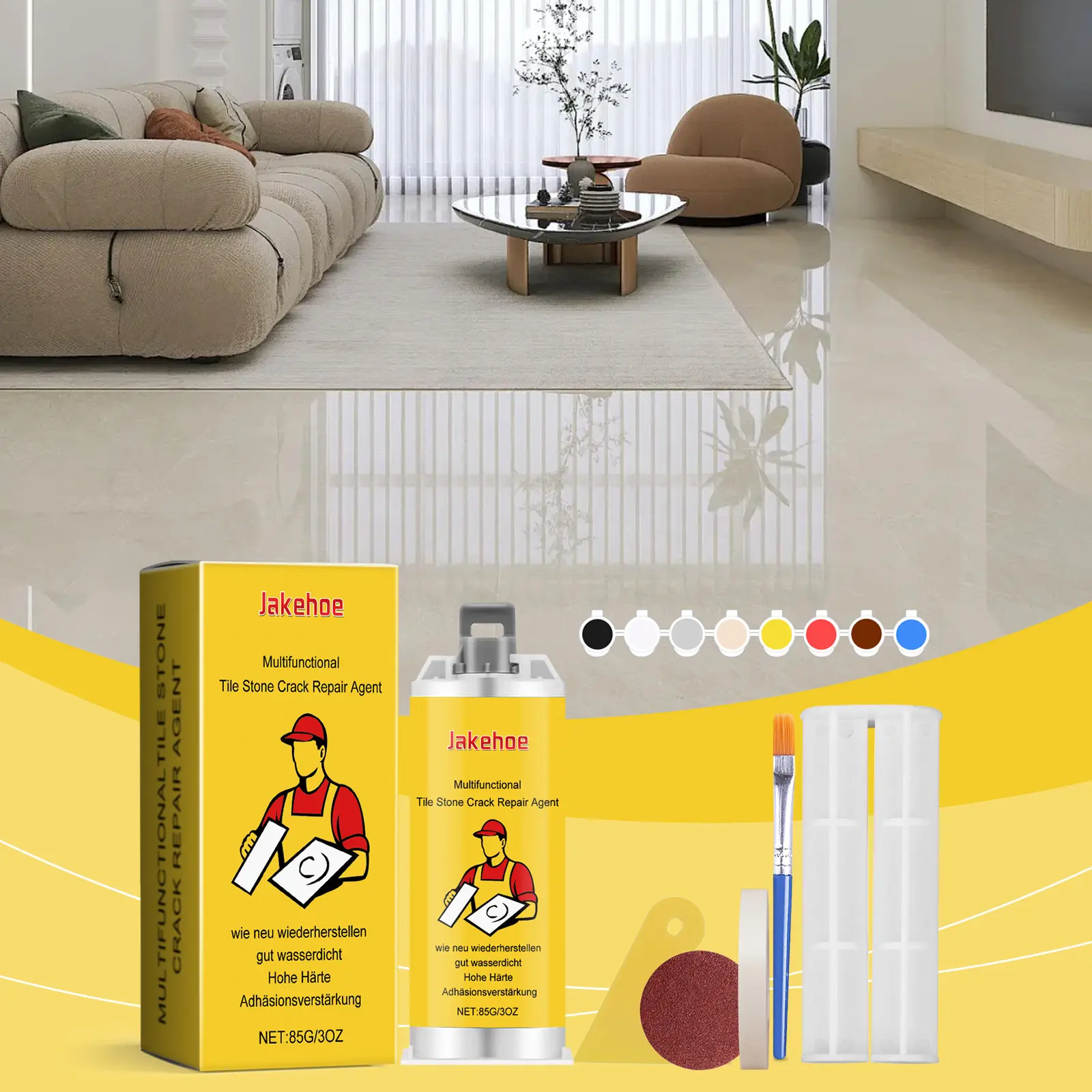 Jakehoe Multifunctional Tile & Stone Repair Kit for Home Improvement - Color Matching, Quick Dry Adhesive, Durable Fix Glue with Seamless Finish for Ceramic Tiles, Marble, Porcelain Floor & Wall Crack, Hole Filling
