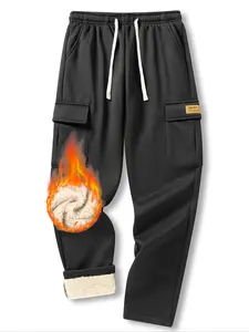 Men's Regular Fit Solid Flap Pocket Drawstring Cargo Pants, Casual Comfy Thermal Lined Trousers for Fall & Winter, Men's Bottoms for Daily Wear