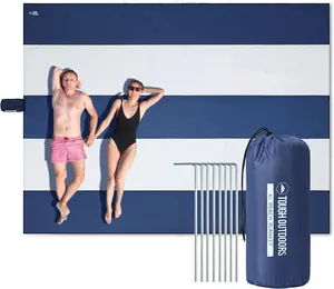 Extra Large Beach Blanket Waterproof Sandproof Oversized - 11'x10' Sand Free Beach Mat for 9 Adults - Hiking, Outdoor & Beach - Navy Blue & White