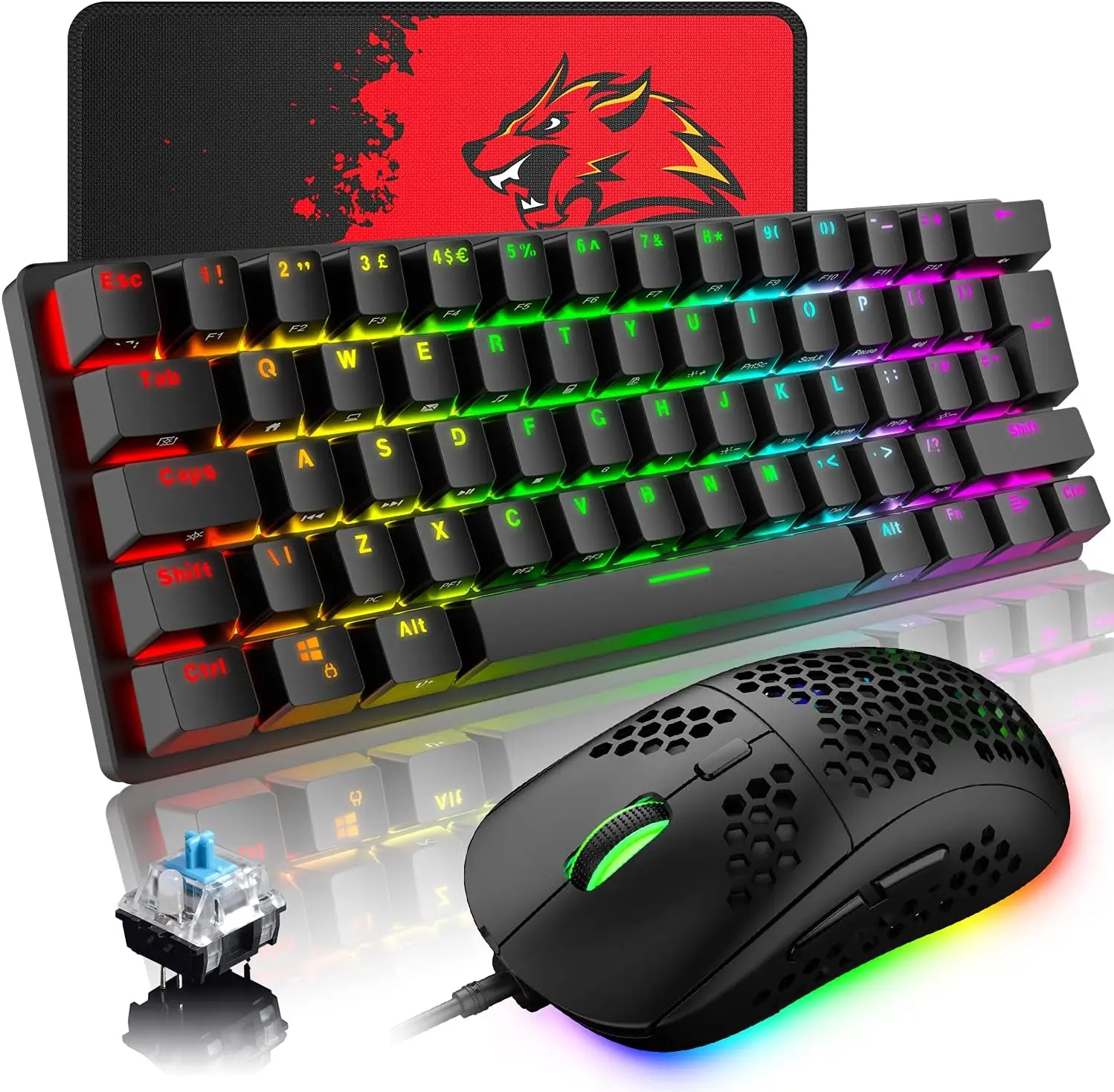 Wired Gaming Keyboard Mouse Combo Chroma RGB Backlit Mechanical Keyboard with 61 keys Anti-ghosting Floating Keycaps Metal Plate Type-C Gaming Mouse clix  keyboard