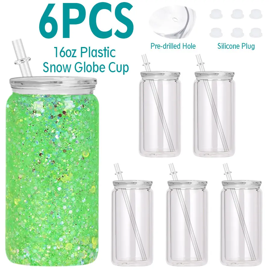 6 PACK 16 oz Plastic Snowglobe Tumbler with Pre Drilled Hole, Double Wall Acrylic Snow Globe Cup for Iced Coffee Boba Juice Soda, Perfect for DIY Glitter Snow Globe Craft Gift Drinkware Bottles Water Bottles plastic  snow  globe  can