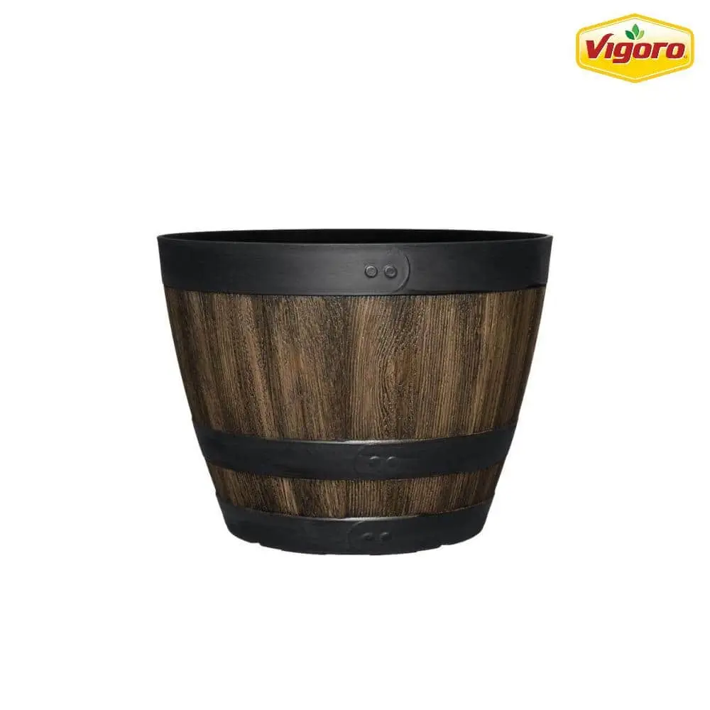 12.8 in. Reedley Medium Kentucky Walnut Brown Resin Barrel Planter (12.8 in. D x 10.5 in. H)