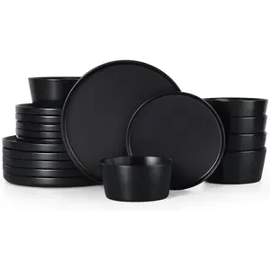 18 Pieces Stoneware Dinnerware Sets for 6, Dinner and Set, Reactive Glaze Dishes for, Chip Resistant, & Dishwasher Safe, Black