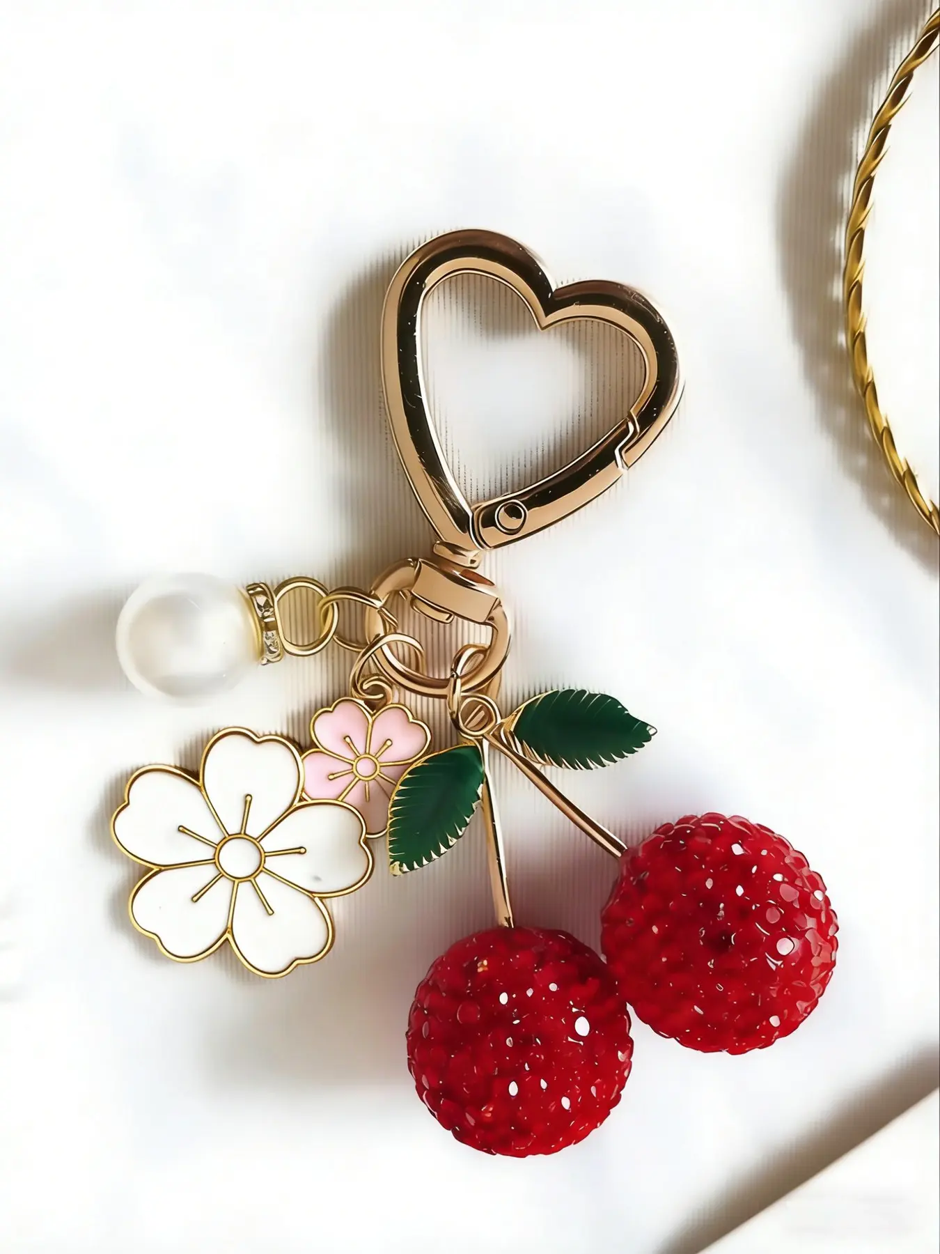 Rhinestone Cherry Flower Bag Charm Pendants – Sparkly Keychain with Heart Clasp, Cute Bag Decoration & Bag Chain Charms for Backpack Purse, Ideal for Sweet Style Lovers & Daily Casual Look, Bag Accessory, Purse Accessories