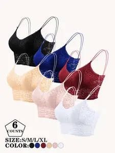 Women's Lace Bralette Set, Comfortable Wireless Push-Up Padded Bras, Elegant Fitted Design, All-Seasons Wear, 6-Piece Pack