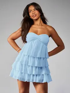 ROSSIE Strapless Mini Party Dress Ruffle Layered Empire Waist Summer Wedding Guest Twist Front Tiered Babydoll Dress