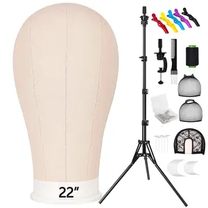 63In Wig Stand Tripod with 22In Canvas Mannequin Head, Manikin Head Block Set for Wig Making Display