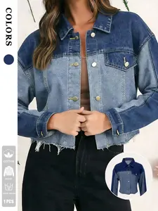 Women's Patchwork Denim Jacket, Short Cut, Notched Lapel, Button Front, Frayed Hem, Spring Daily Wear, Casual, Retro Style